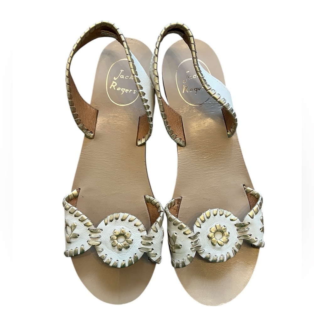 Jack Rogers White and Gold Medallion Slingback Sandals